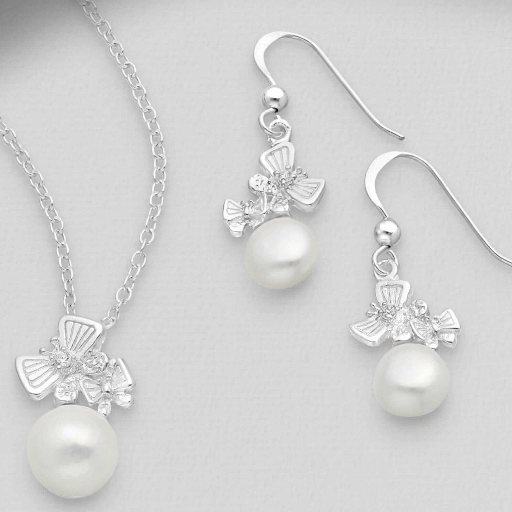 Sterling Silver Butterfly Hook Earrings and Pendant, with Freshwater Pearls and CZ - Twelve Silver Trees