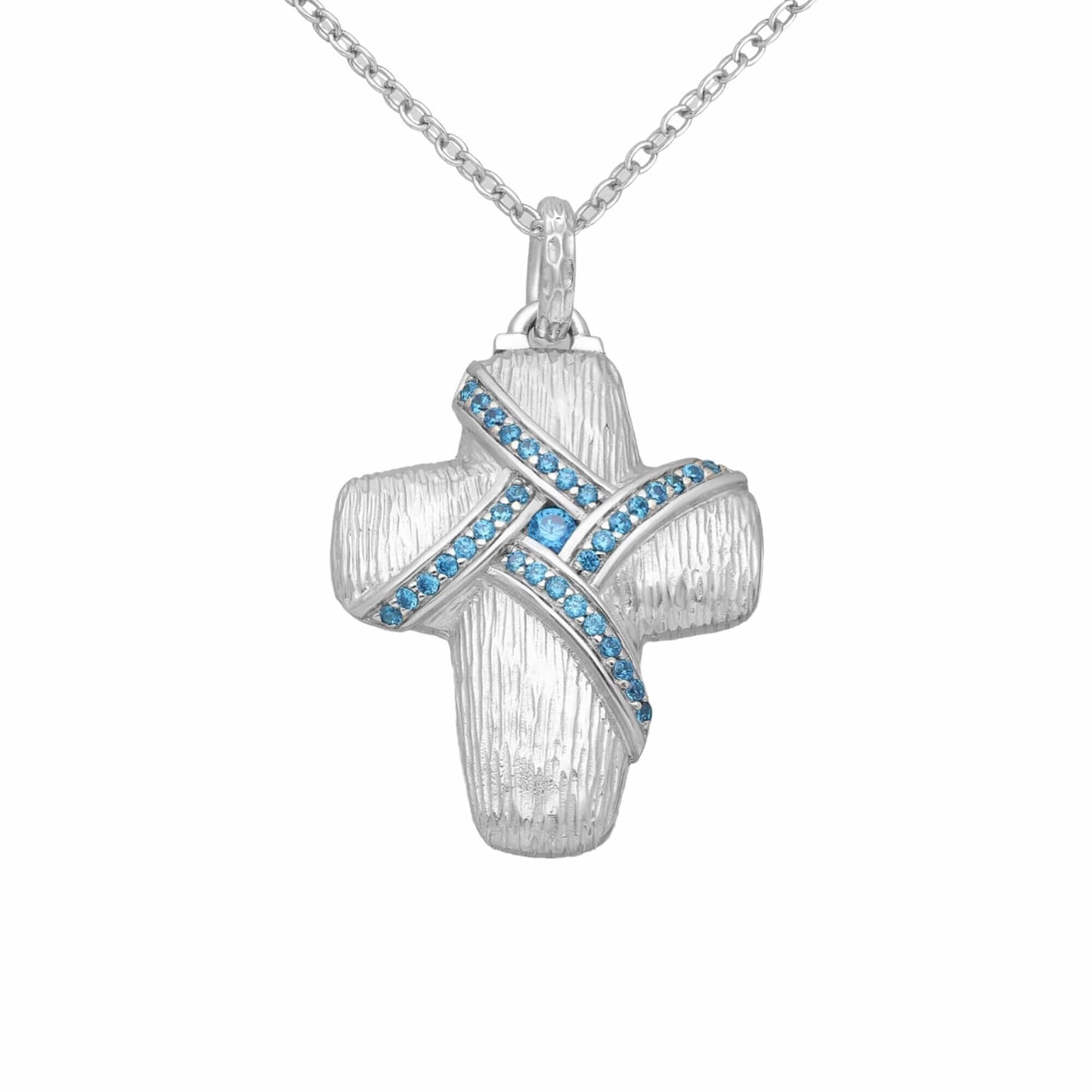 Sterling Silver Cross Pendant with Blue Created Diamonds - Twelve Silver Trees