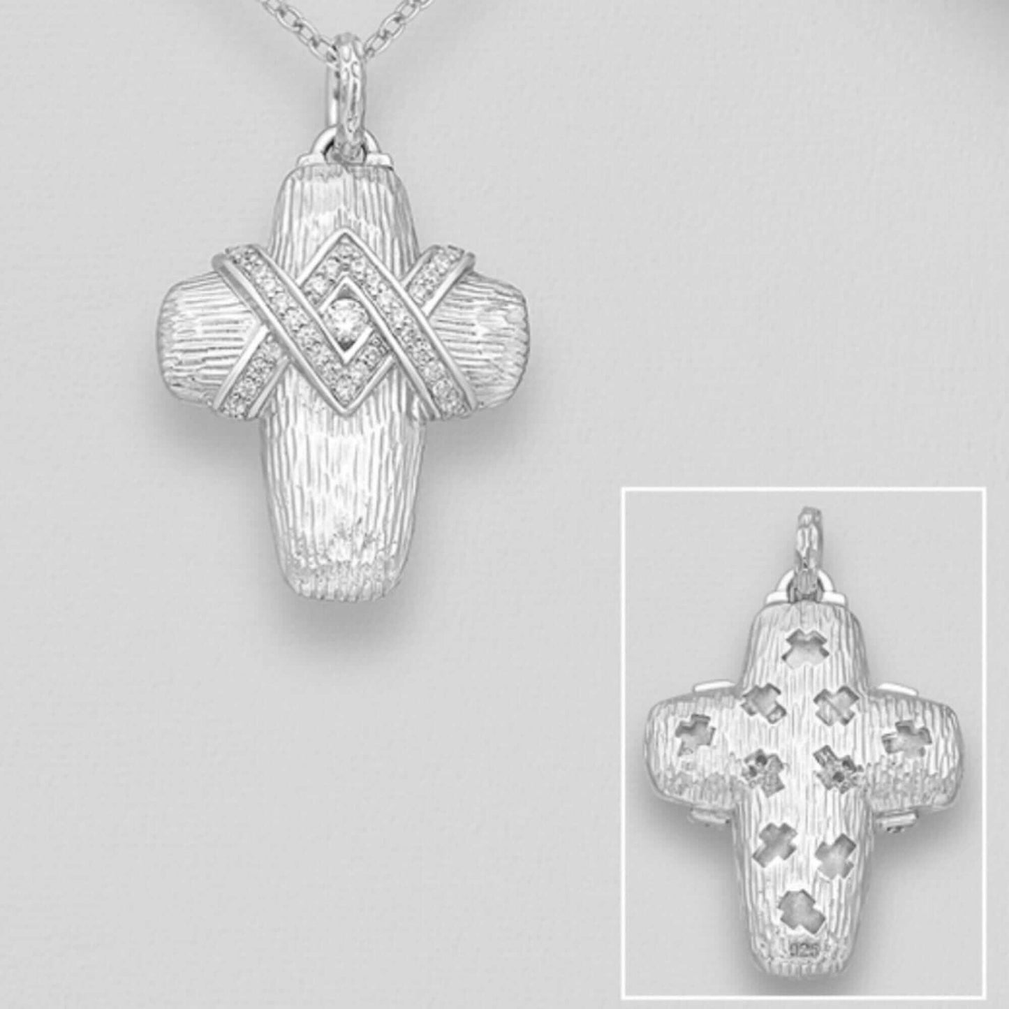 Sterling Silver Cross Pendant, Decorated with Created Diamonds - Twelve Silver Trees