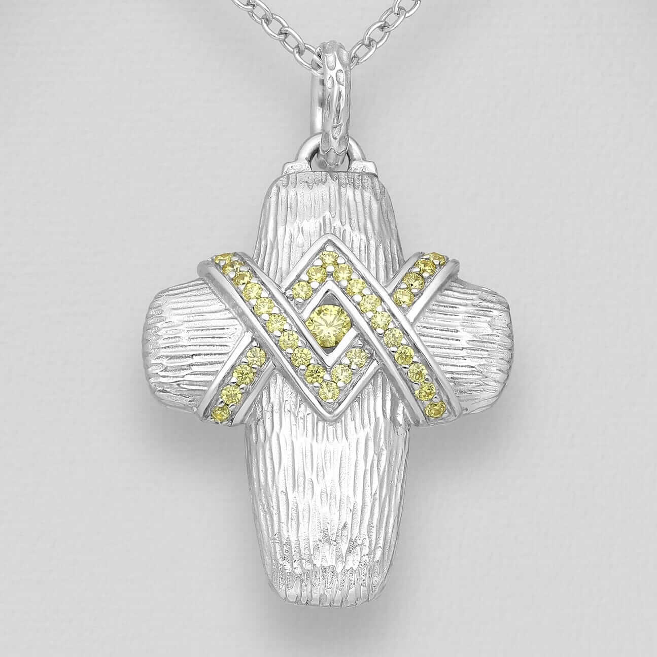 Sterling Silver Cross Pendant, Decorated with Yellow Created Diamonds - Twelve Silver Trees