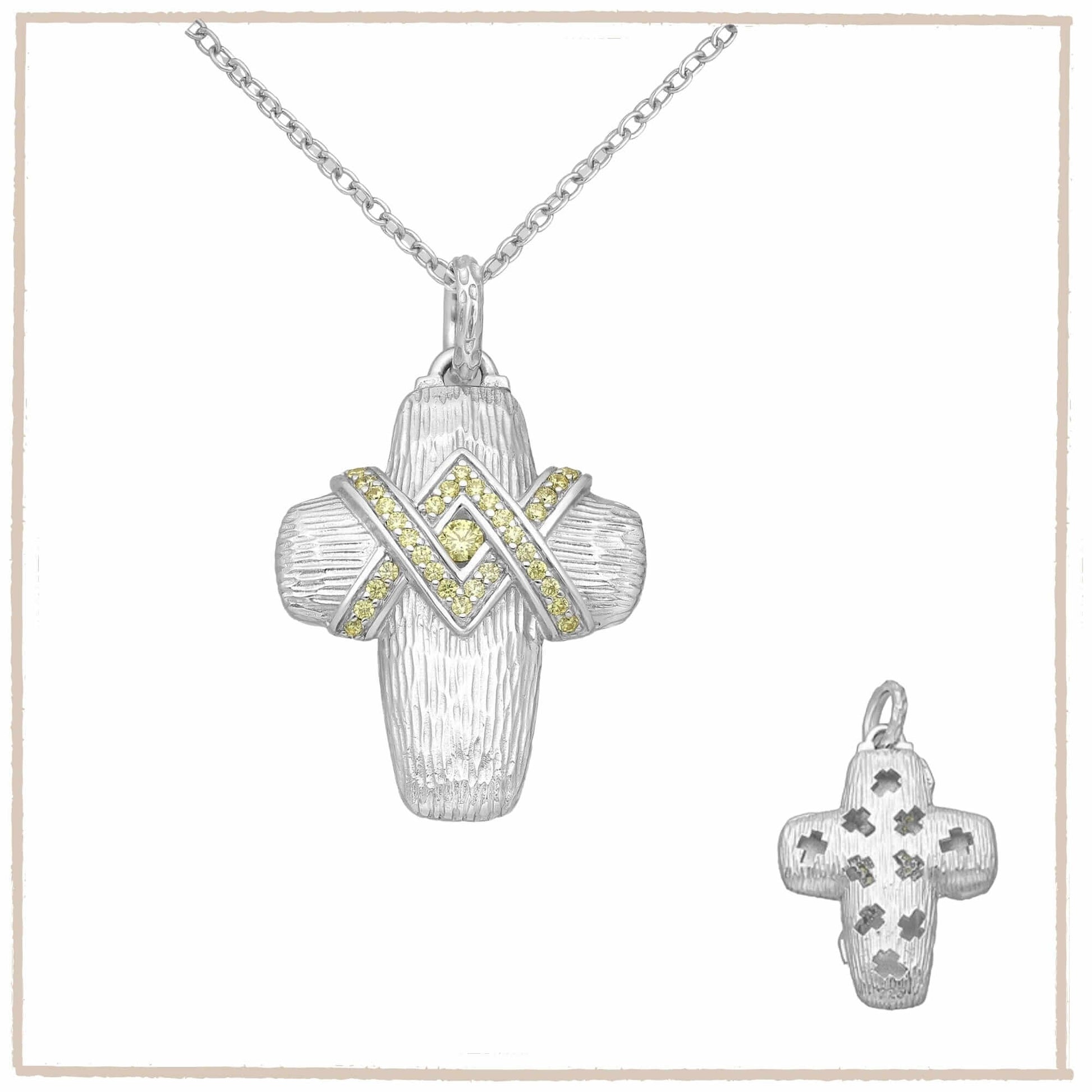 Sterling Silver Cross Pendant, Decorated with Yellow Created Diamonds - Twelve Silver Trees
