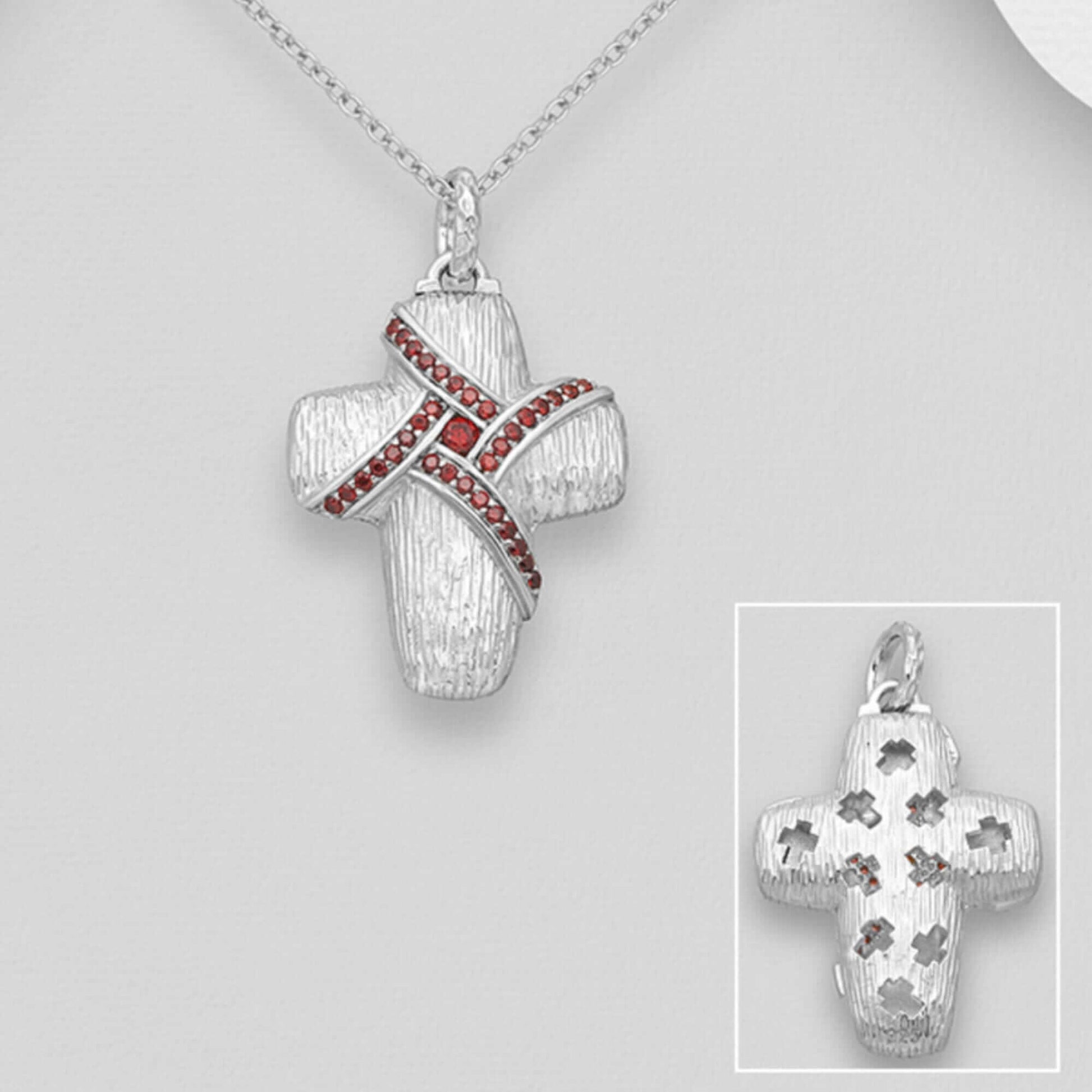 Sterling Silver Cross Pendant with Red Created Diamonds - Twelve Silver Trees