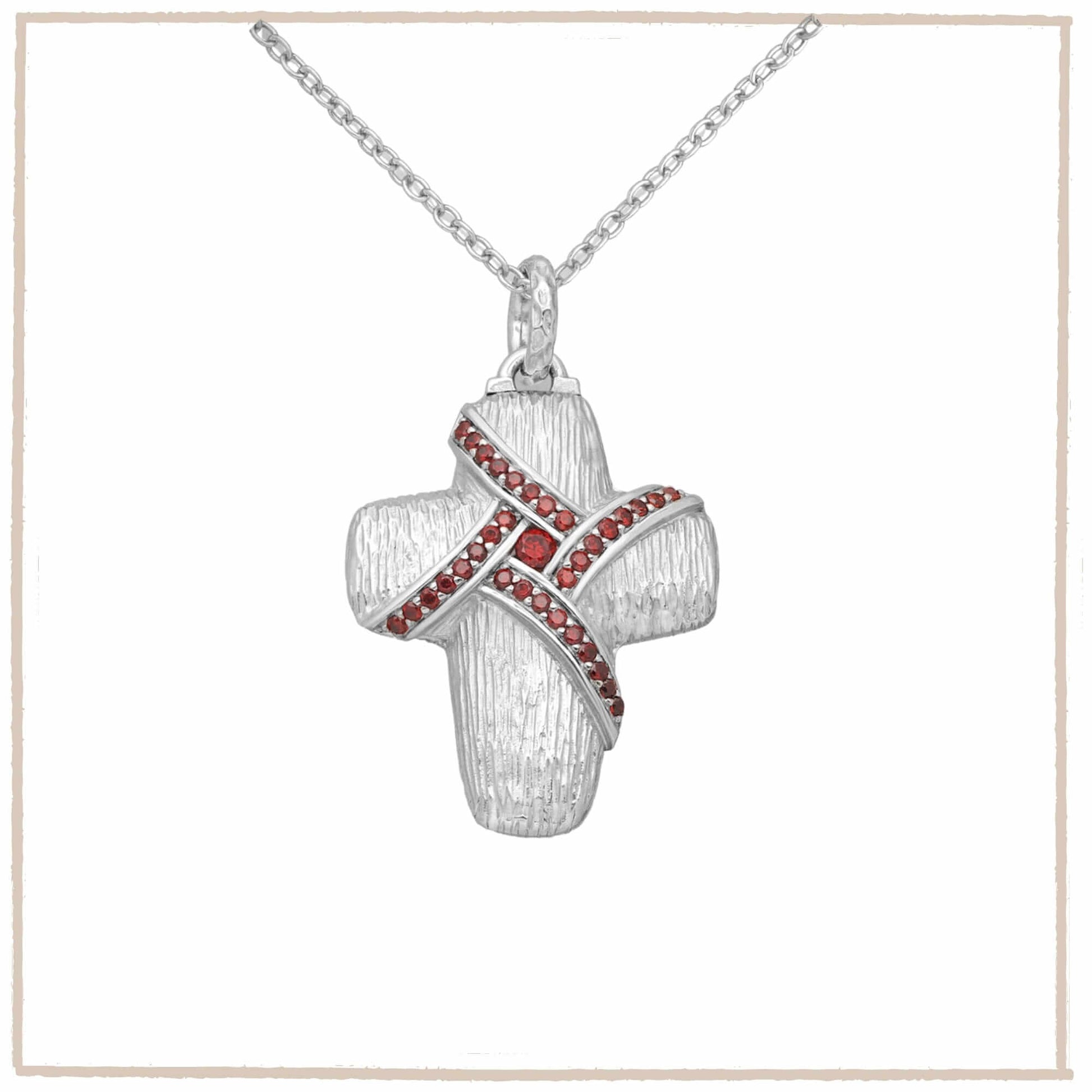 Sterling Silver Cross Pendant with Red Created Diamonds - Twelve Silver Trees