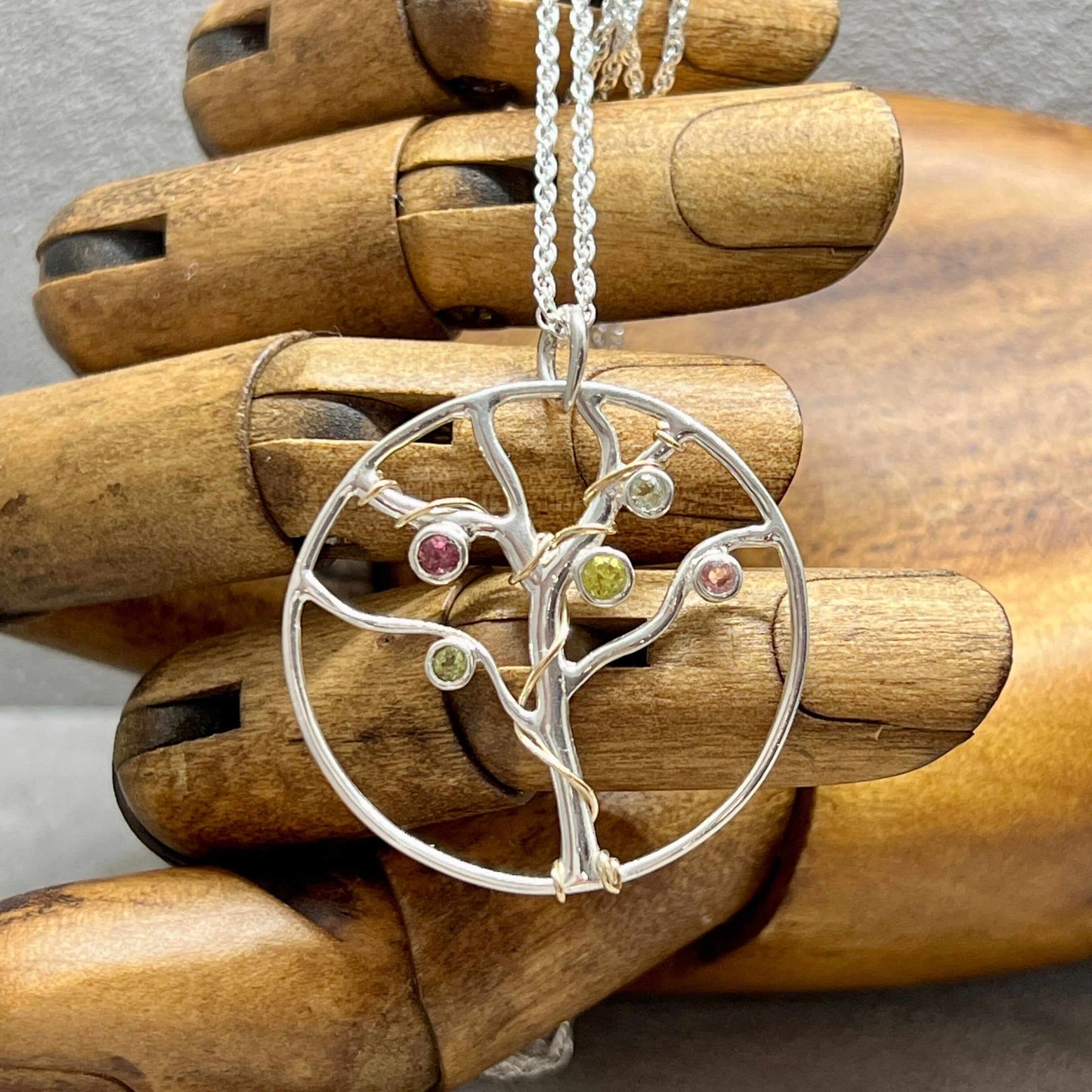 Tourmaline Tree Of Life Sterling Silver Pendant - Twelve Silver Trees
