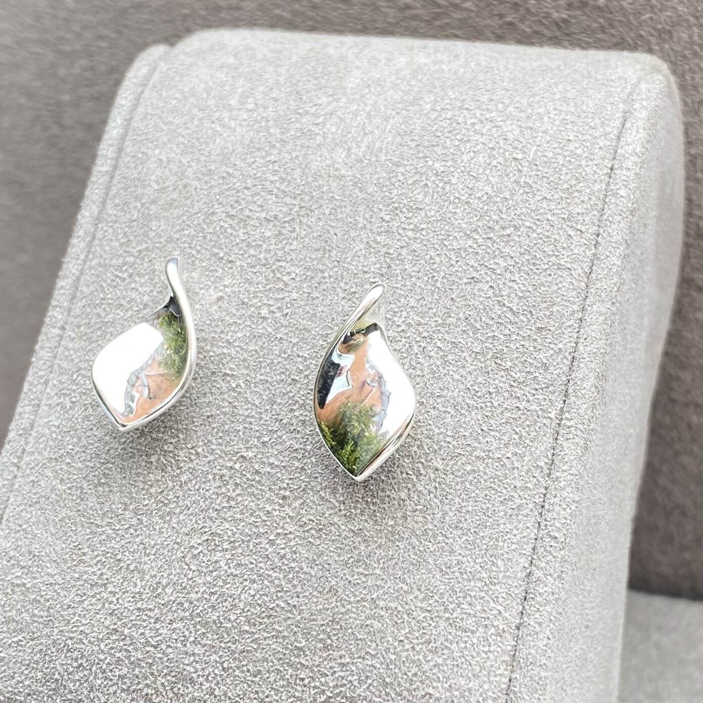 Plain Organic Twist Leaf Stud Earrings In Sterling Silver. - Twelve Silver Trees