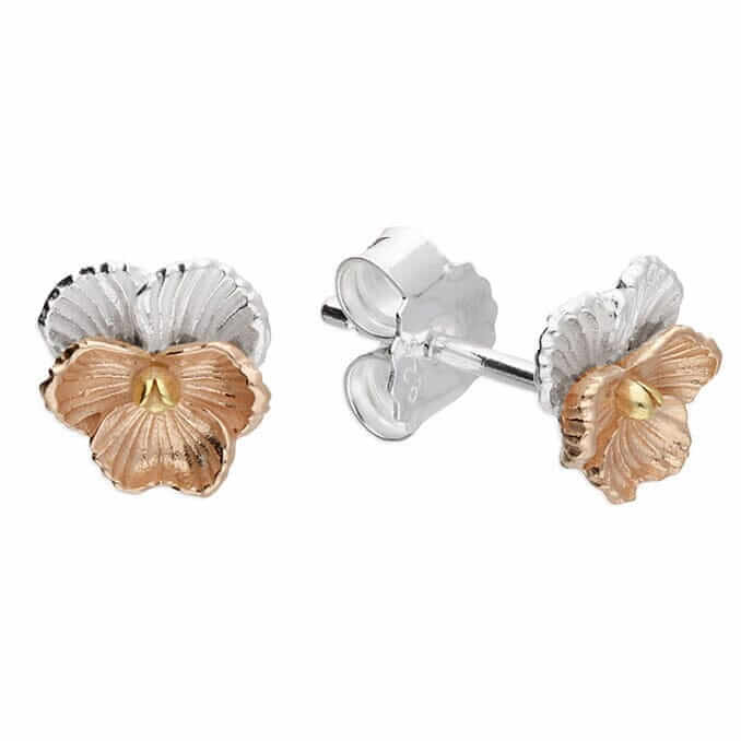 Violet Flower Stud Earrings In Sterling Silver & 18 Carat Gold - February Birth Flower - Twelve Silver Trees